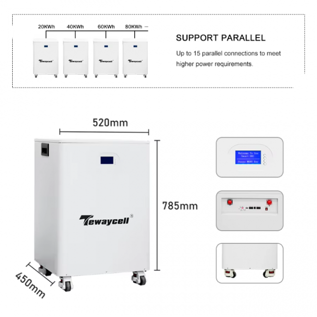 Tewaycell New 30KWh 20KWh 51.2V Lifepo4 Battery 600Ah 400Ah 51.2V Powerwall 6000 Cycles 16S BMS Mobile ESS Solar System - Image 5