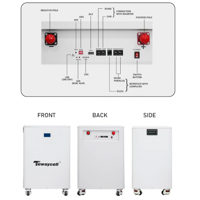 Tewaycell New 30KWh 20KWh 51.2V Lifepo4 Battery 600Ah 400Ah 51.2V Powerwall 6000 Cycles 16S BMS Mobile ESS Solar System - Image 4